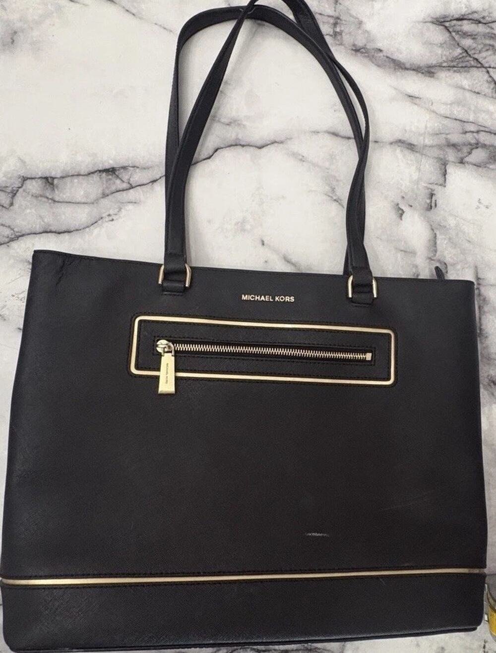 Michael Kors Black Medium Jet Set Frame Out Leather Tote Hand Bag Purse
